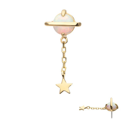 14Kt Yellow Gold Threadless Opal Planet Top with Chain Star Dangle