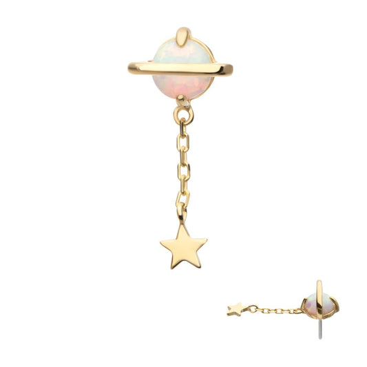 14Kt Yellow Gold Threadless Opal Planet Top with Chain Star Dangle