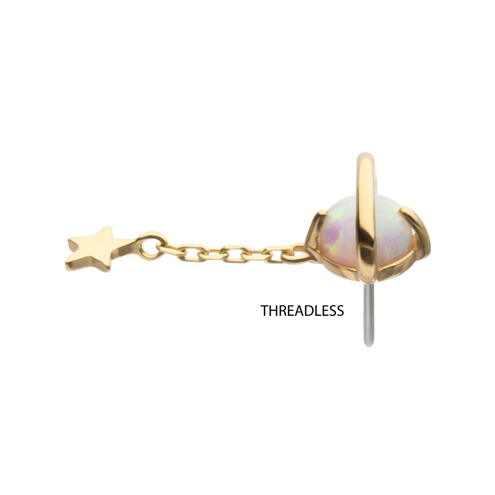 14Kt Yellow Gold Threadless Opal Planet Top with Chain Star Dangle