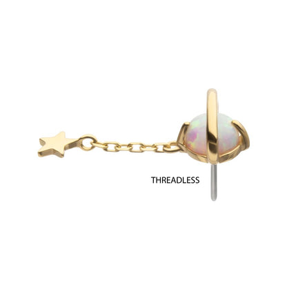 14Kt Yellow Gold Threadless Opal Planet Top with Chain Star Dangle