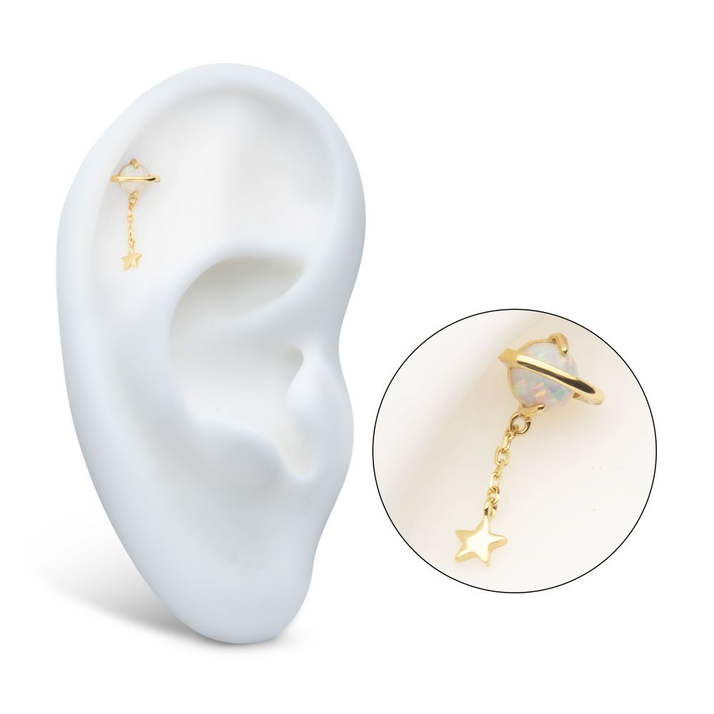 14Kt Yellow Gold Threadless Opal Planet Top with Chain Star Dangle