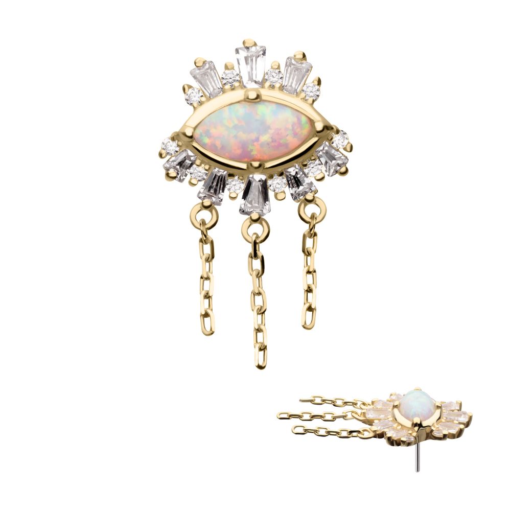 14Kt Yellow Gold Threadless Prong Set Baguette, Round Gem and Opal Evil Eye Top with Triple Dangle Chain