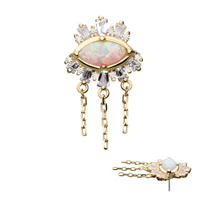 14Kt Yellow Gold Threadless Prong Set Baguette, Round Gem and Opal Evil Eye Top with Triple Dangle Chain