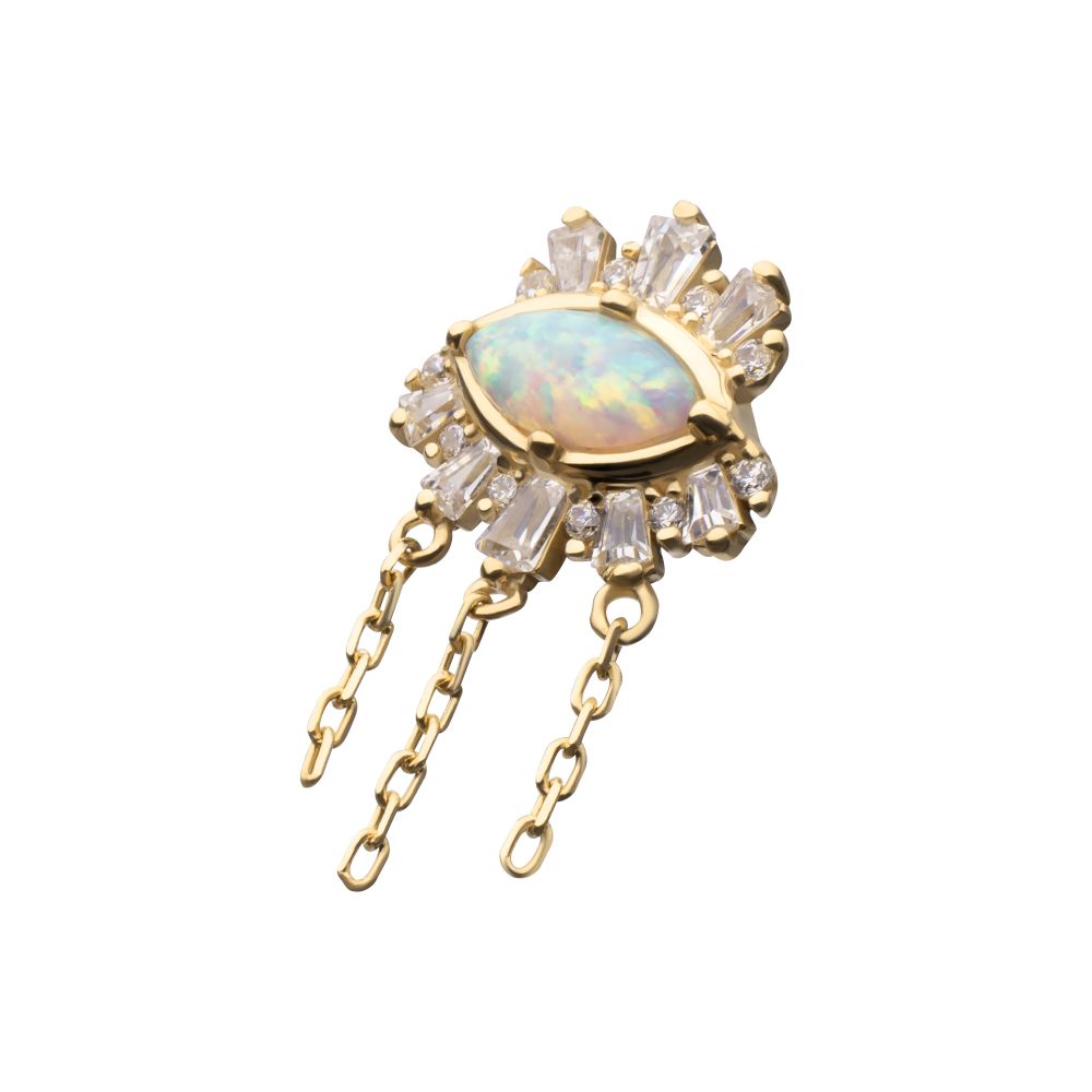 14Kt Yellow Gold Threadless Prong Set Baguette, Round Gem and Opal Evil Eye Top with Triple Dangle Chain