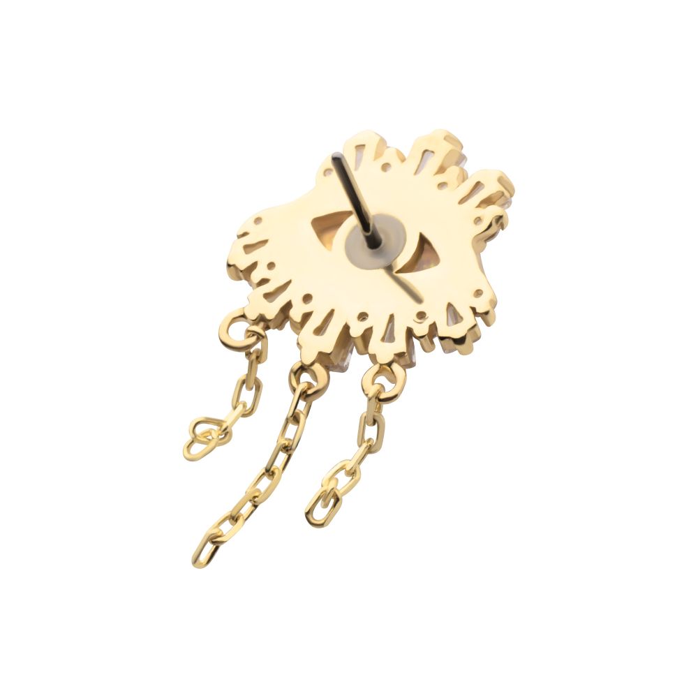 14Kt Yellow Gold Threadless Prong Set Baguette, Round Gem and Opal Evil Eye Top with Triple Dangle Chain