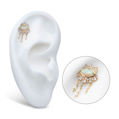 14Kt Yellow Gold Threadless Prong Set Baguette, Round Gem and Opal Evil Eye Top with Triple Dangle Chain