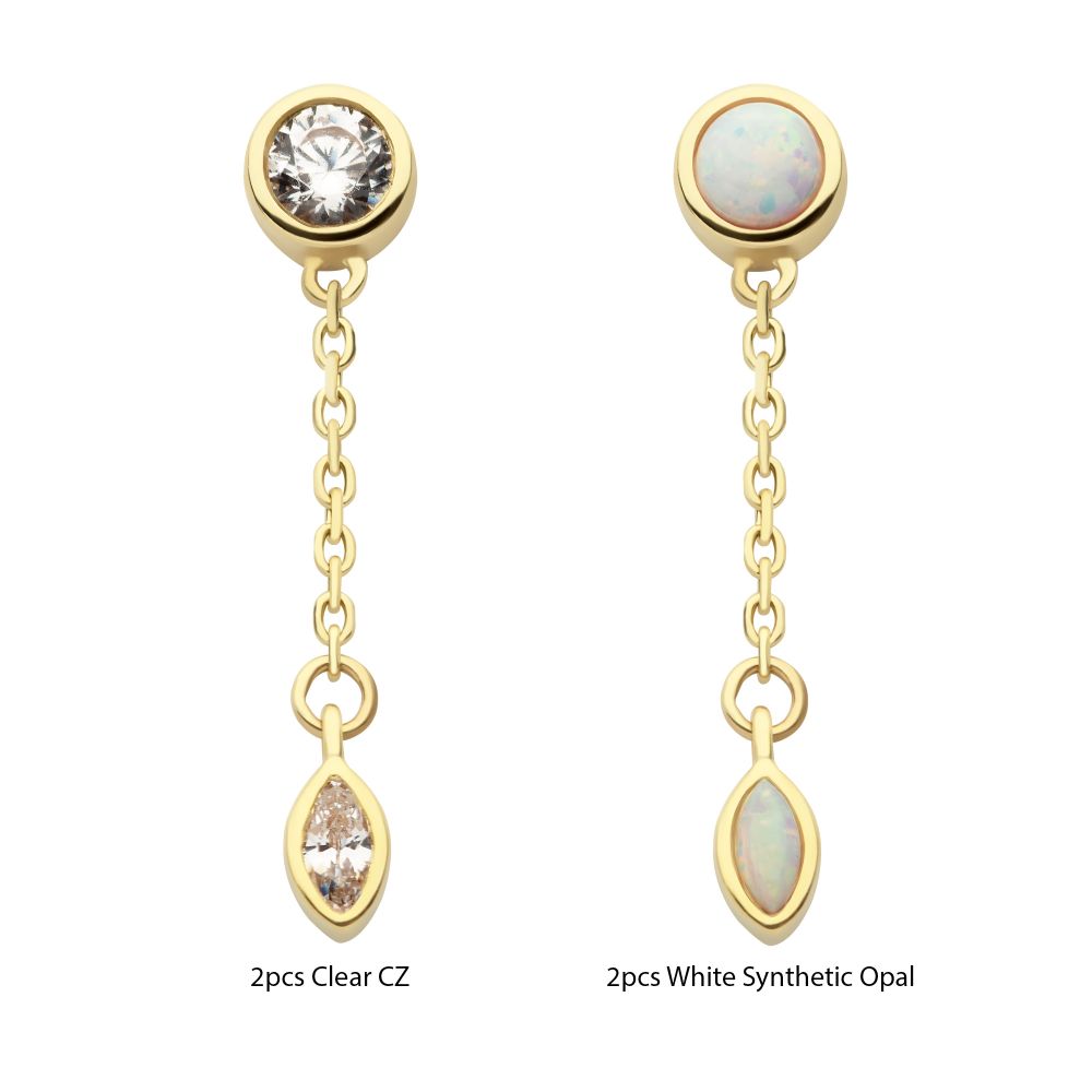 14Kt Gold Threadless Bezel Set Round & Marquise CZ with Dangle Chain Top