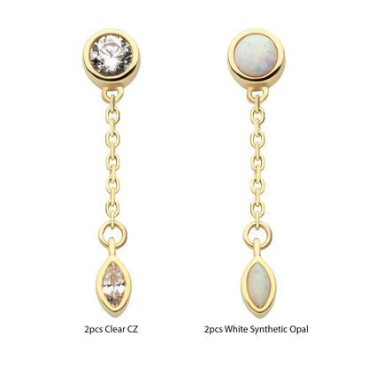 14Kt Gold Threadless Bezel Set Round & Marquise CZ with Dangle Chain Top