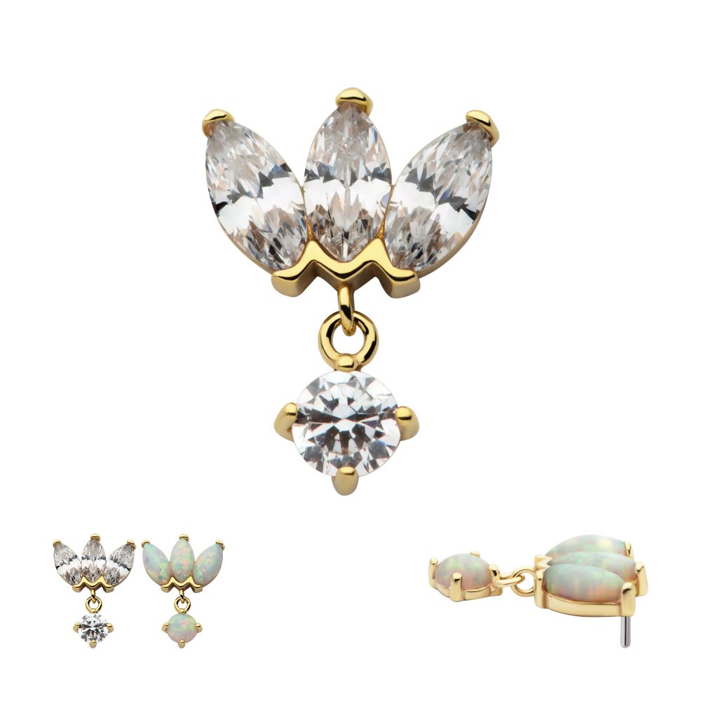 14Kt Gold Threadless 3 Cluster Fan Shape Marquise CZ/Opal Top with Dangle Prong Set CZ/Opal 