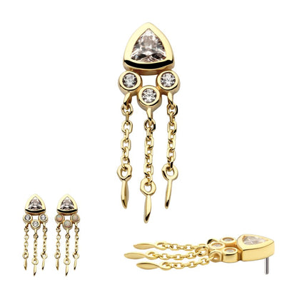 14Kt Yellow Gold Threadless Bezel Round & Trillion CZ Top with Triple Dangle Chain