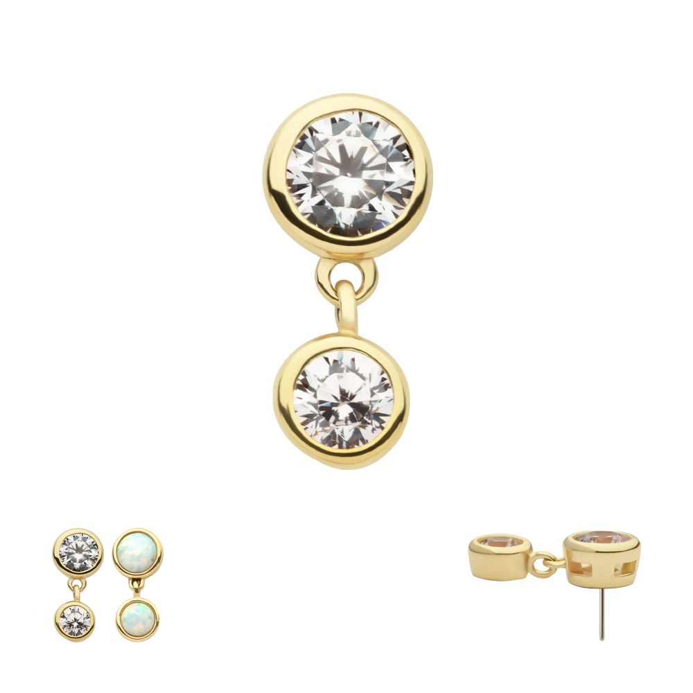 14Kt Gold Threadless Double Bezel Set Round CZ Dangle Top