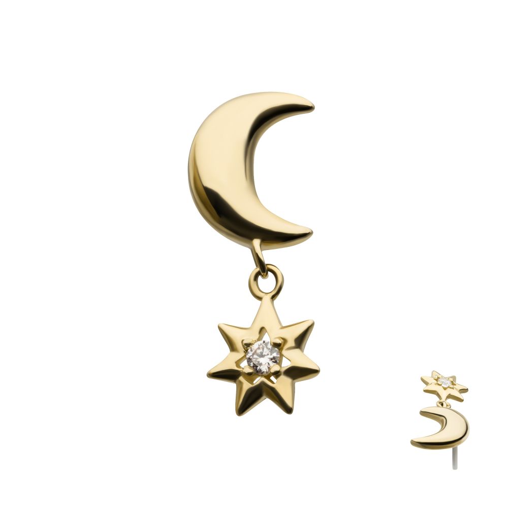 14Kt Yellow Gold Threadless Crescent Moon with Dangle CZ Star Top