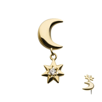 14Kt Yellow Gold Threadless Crescent Moon with Dangle CZ Star Top