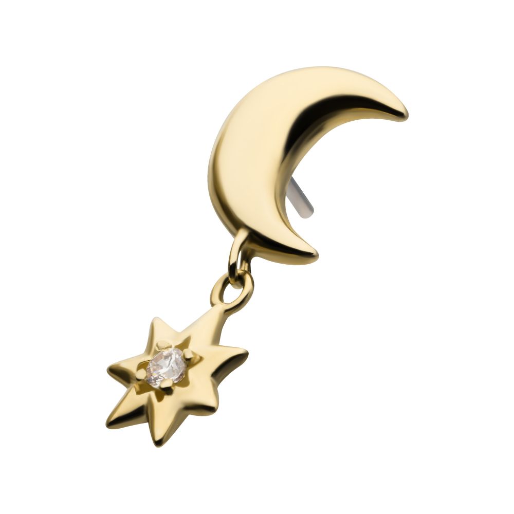 14Kt Yellow Gold Threadless Crescent Moon with Dangle CZ Star Top