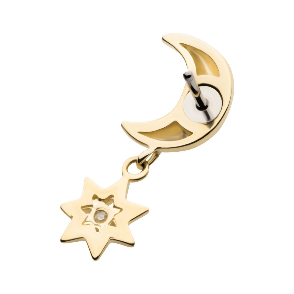 14Kt Yellow Gold Threadless Crescent Moon with Dangle CZ Star Top