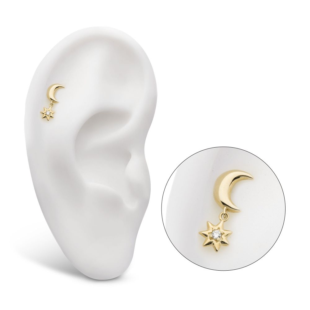 14Kt Yellow Gold Threadless Crescent Moon with Dangle CZ Star Top