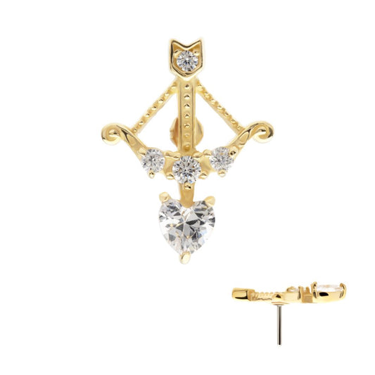 14Kt Yellow Gold Threadless Cupid's Bow & Arrow Top with Prong Set Round & Heart Clear CZ