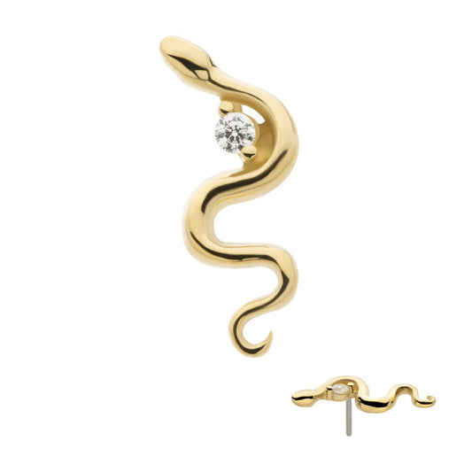 14Kt Yellow Gold Threadless Snake Top with 2 Prong Clear CZ