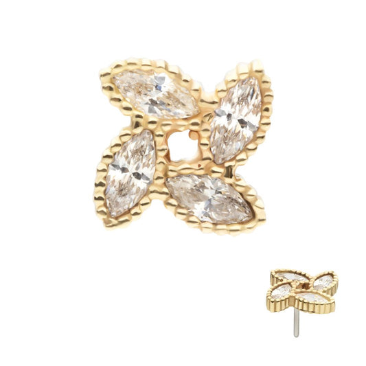 14Kt Yellow Gold Threadless Flower Top with 4 Marquise Clear CZ