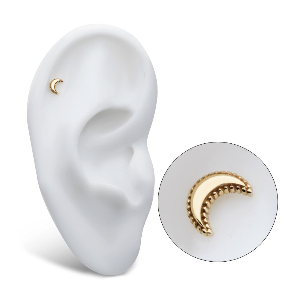 14Kt Yellow Gold Threadless Beaded Edge Crescent Moon Top