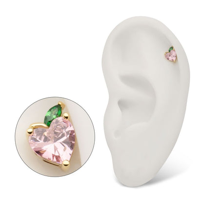 14Kt Yellow Gold Threadless Peach Heart with Leaf Top