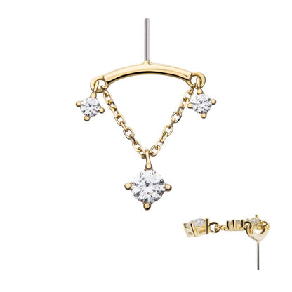 14Kt Yellow Gold Threadless Hidden Helix Curved Bar Top with Double Floating Gem & CZ Chain Dangle