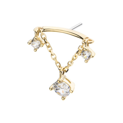 14Kt Yellow Gold Threadless Hidden Helix Curved Bar Top with Double Floating Gem & CZ Chain Dangle