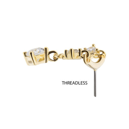 14Kt Yellow Gold Threadless Hidden Helix Curved Bar Top with Double Floating Gem & CZ Chain Dangle