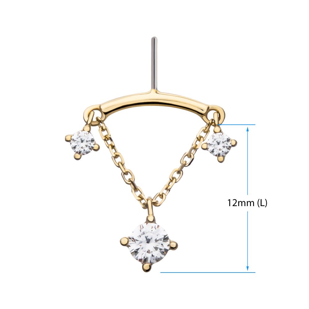 14Kt Yellow Gold Threadless Hidden Helix Curved Bar Top with Double Floating Gem & CZ Chain Dangle