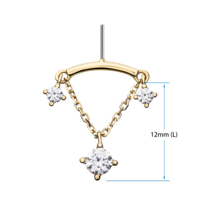 14Kt Yellow Gold Threadless Hidden Helix Curved Bar Top with Double Floating Gem & CZ Chain Dangle