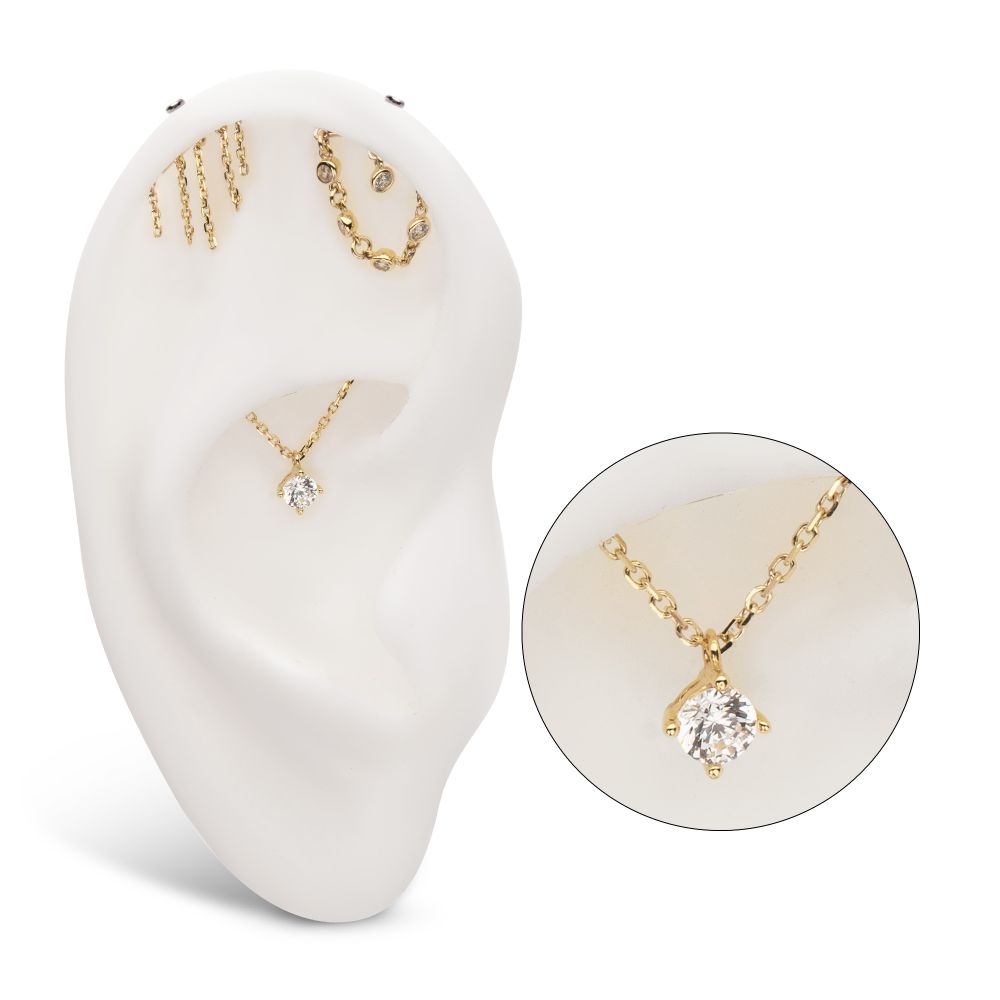 14Kt Yellow Gold Threadless Hidden Helix Curved Bar Top with Double Floating Gem & CZ Chain Dangle