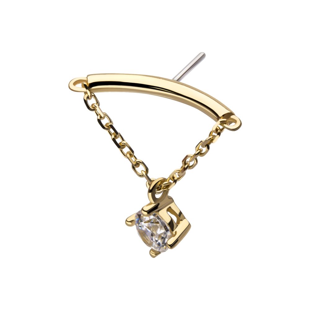 14Kt Gold Threadless Hidden Helix Curved Bar Top with Gem Chain Dangle