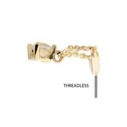 14Kt Gold Threadless Hidden Helix Curved Bar Top with Gem Chain Dangle