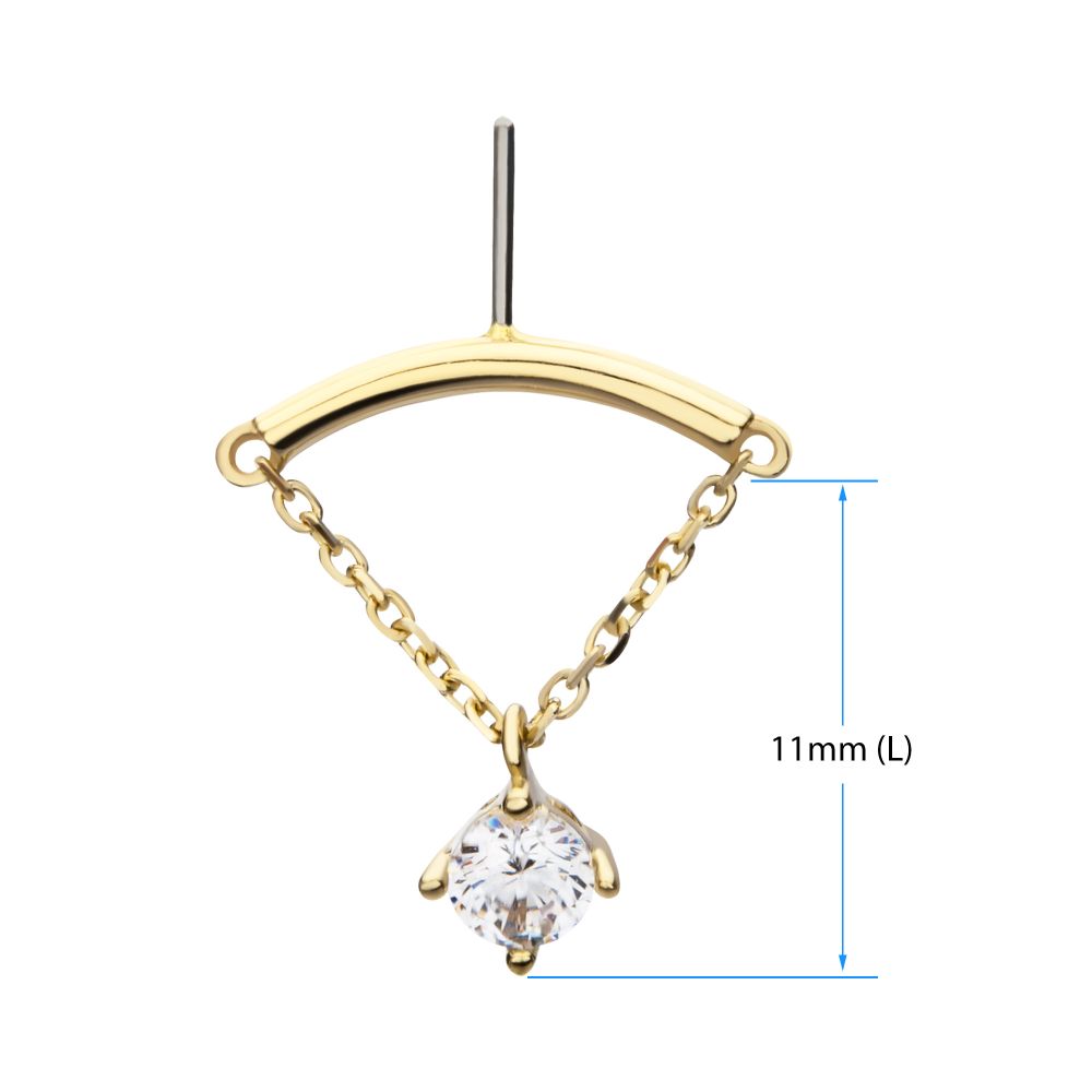 14Kt Gold Threadless Hidden Helix Curved Bar Top with Gem Chain Dangle