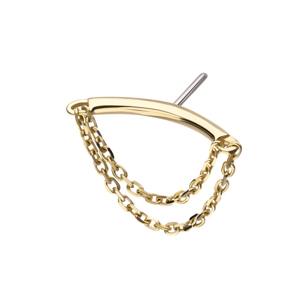 14Kt Gold Threadless Hidden Helix Curved Bar Top with 2-Tier Chain Dangle