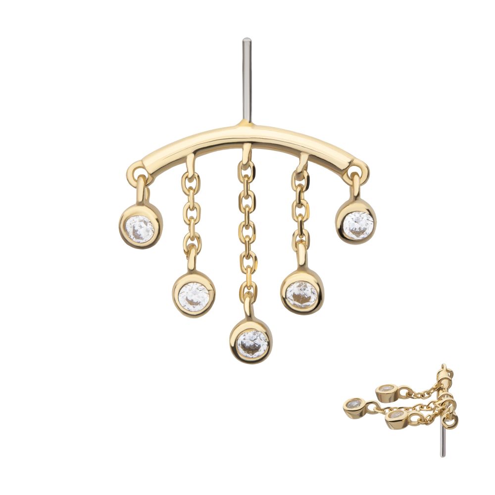 14Kt Yellow Gold Threadless Hidden Helix Curved Bar Top with 5-Chain & Bezel Set Gem  Dangle
