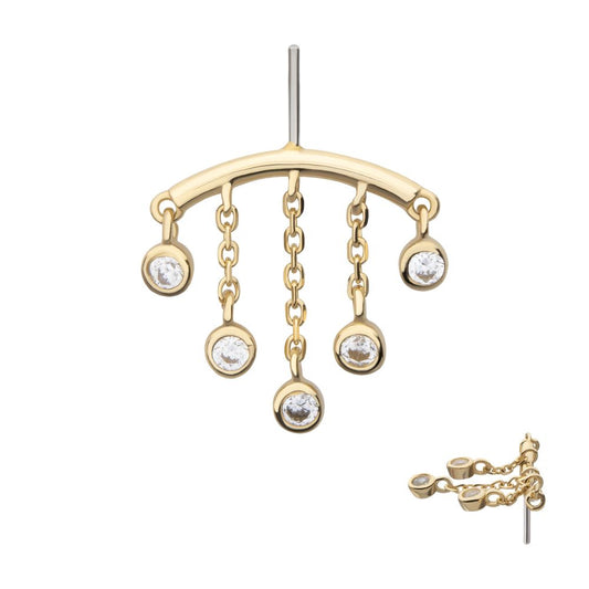 14Kt Yellow Gold Threadless Hidden Helix Curved Bar Top with 5-Chain & Bezel Set Gem  Dangle