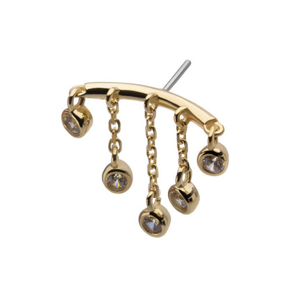 14Kt Yellow Gold Threadless Hidden Helix Curved Bar Top with 5-Chain & Bezel Set Gem  Dangle