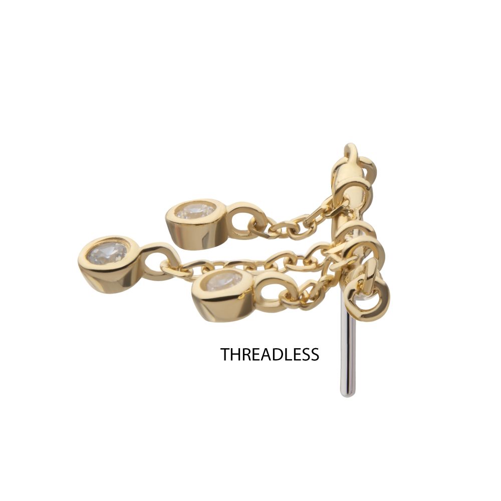 14Kt Yellow Gold Threadless Hidden Helix Curved Bar Top with 5-Chain & Bezel Set Gem  Dangle