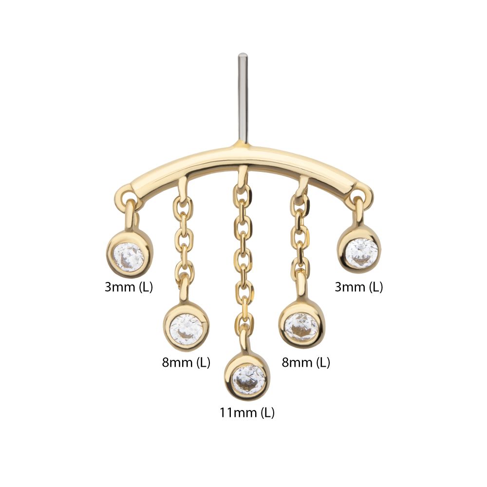 14Kt Yellow Gold Threadless Hidden Helix Curved Bar Top with 5-Chain & Bezel Set Gem  Dangle