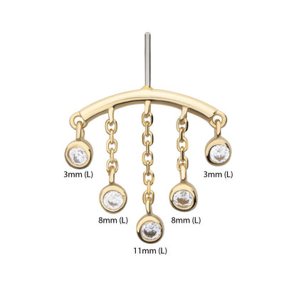 14Kt Yellow Gold Threadless Hidden Helix Curved Bar Top with 5-Chain & Bezel Set Gem  Dangle