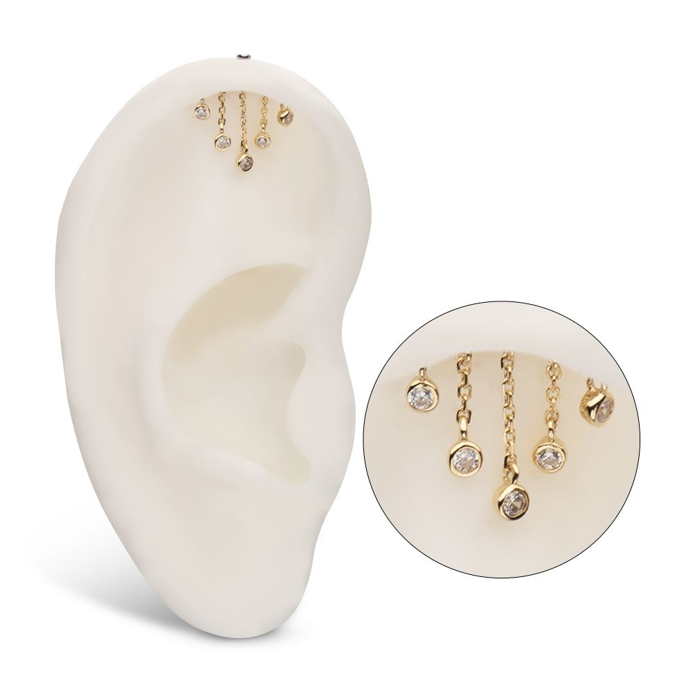 14Kt Yellow Gold Threadless Hidden Helix Curved Bar Top with 5-Chain & Bezel Set Gem  Dangle