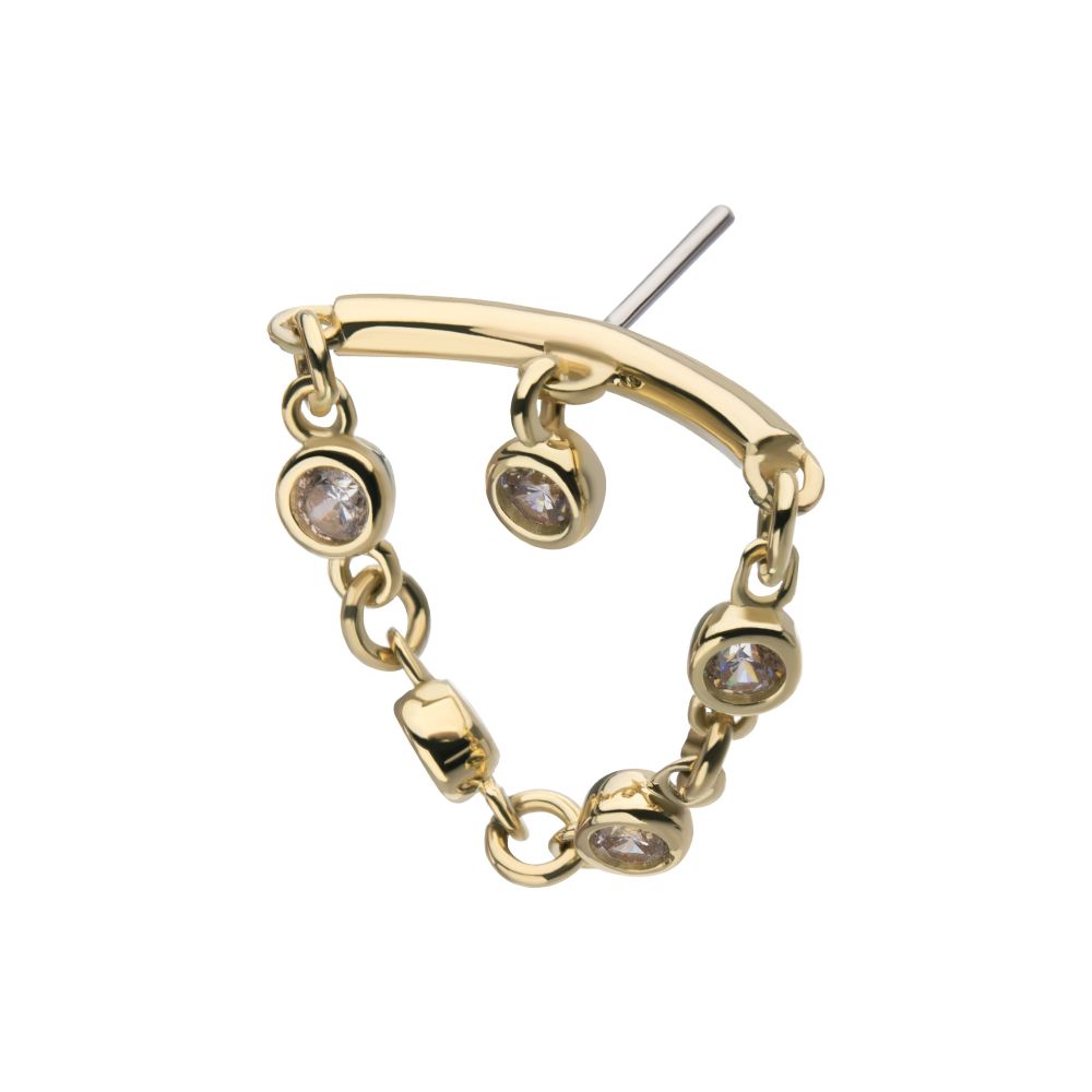 14Kt Yellow Gold Threadless Hidden Helix Curved Bar Top with Bezel Set Round Gem Dangle