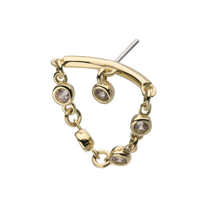 14Kt Yellow Gold Threadless Hidden Helix Curved Bar Top with Bezel Set Round Gem Dangle