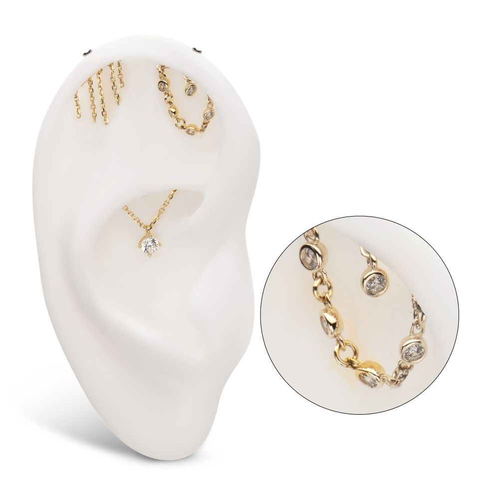 14Kt Yellow Gold Threadless Hidden Helix Curved Bar Top with Bezel Set Round Gem Dangle