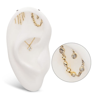 14Kt Yellow Gold Threadless Hidden Helix Curved Bar Top with Bezel Set Round Gem Dangle