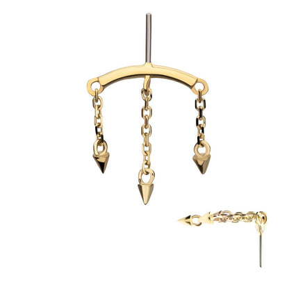 14Kt Gold Threadless Hidden Helix Curved Bar Top with 3 Spike Chain Dangle