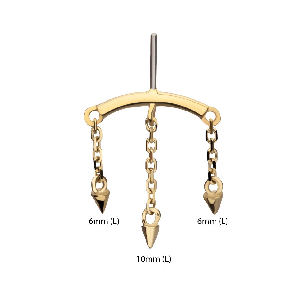 14Kt Gold Threadless Hidden Helix Curved Bar Top with 3 Spike Chain Dangle