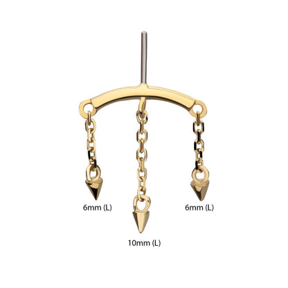 14Kt Gold Threadless Hidden Helix Curved Bar Top with 3 Spike Chain Dangle