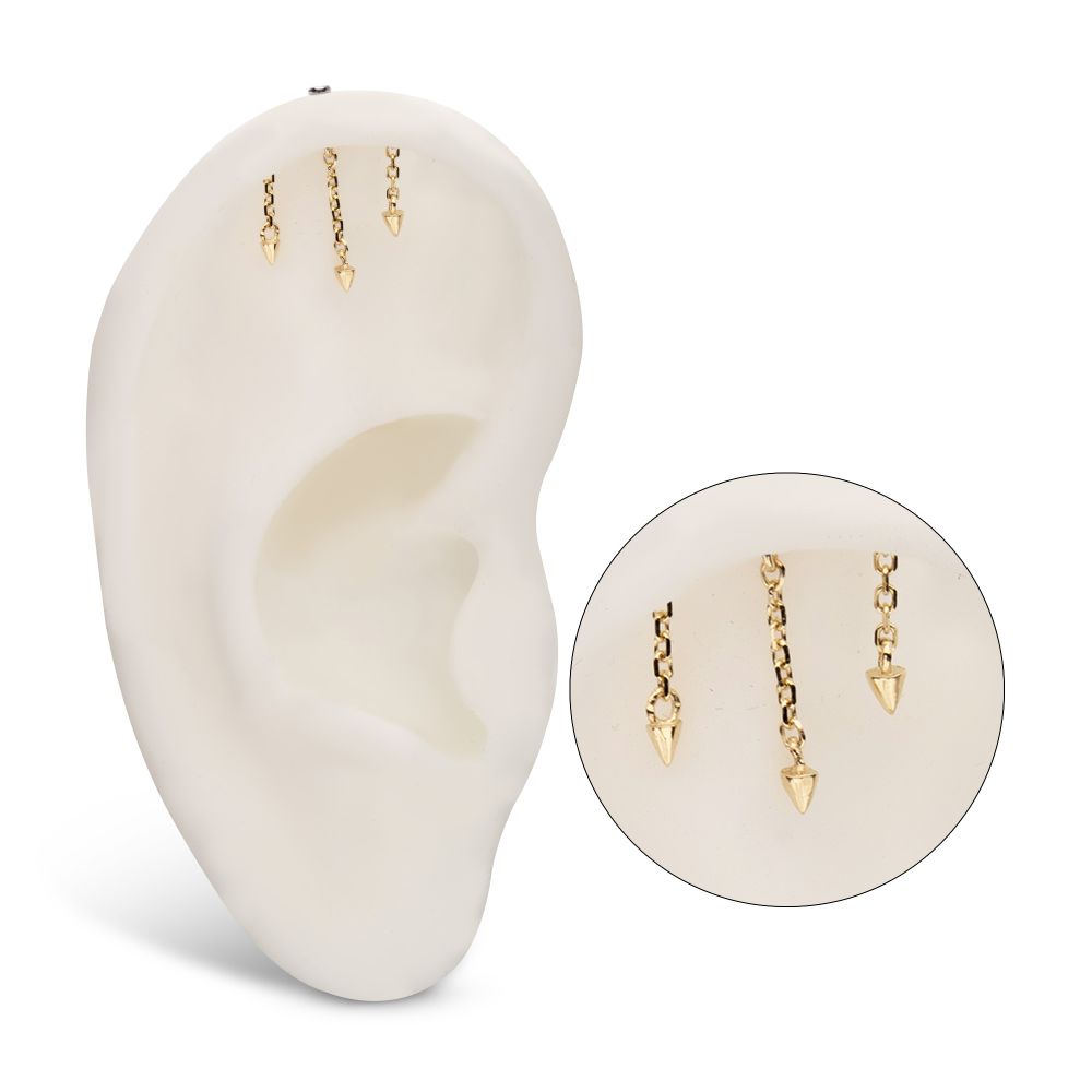 14Kt Gold Threadless Hidden Helix Curved Bar Top with 3 Spike Chain Dangle